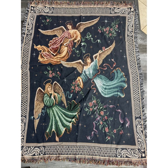 Other - Vintage Woven Tapestry Throw Blanket Three Angels Roses Celestial NavyBlue 48x34